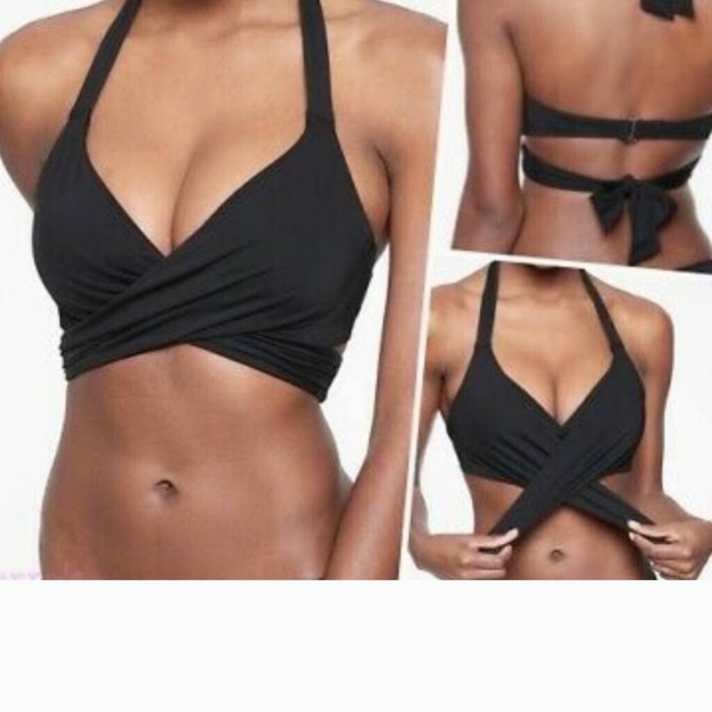ATHLETA BRA CUP WRAP HALTER BIKINI TOP, 38 B/C, Black